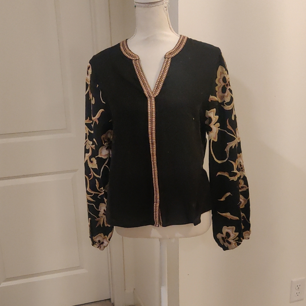New!Calypso St Barth Embroidered Balloon Long Sleeve Floral Black Blouse